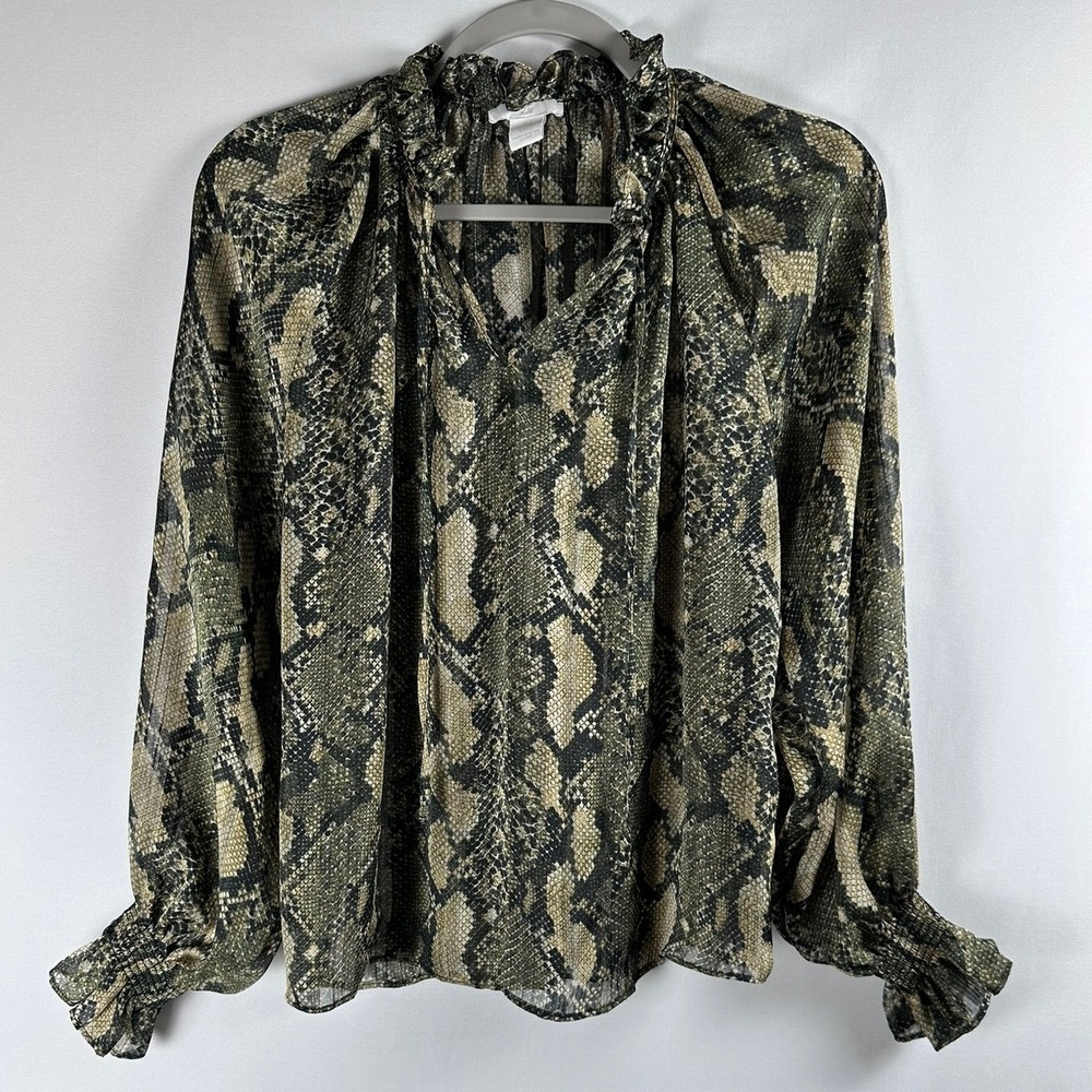 H&M Snakeskin Print Ruffle Neck Semi Sheer Top 0 Y2K Boho Chic Mob Wife Office